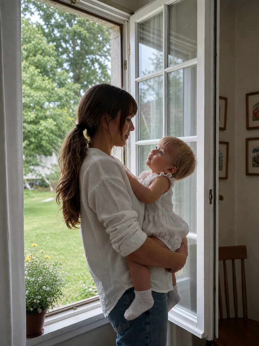 Angelica with baby Lily by the window