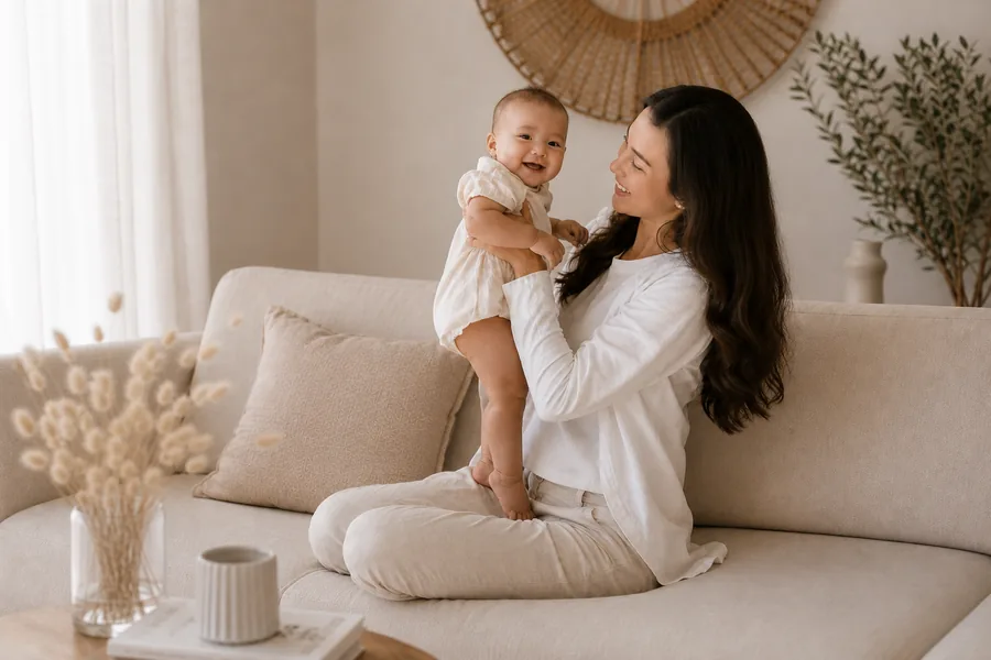 Happy mum holding her smiling baby after sleep support